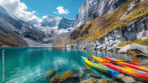 A secluded mountain lake nestled among towering peaks, its pristine waters reflecting the azure sky above and dotted with colorful kayaks. 32k, full ultra hd, high resolution photo