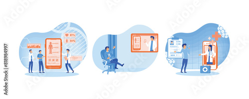 Doctors examining a patient using a medical app on a smartphone. Medicine online service or platform. Online medical consultation and support services concept. Set flat vector modern illustration