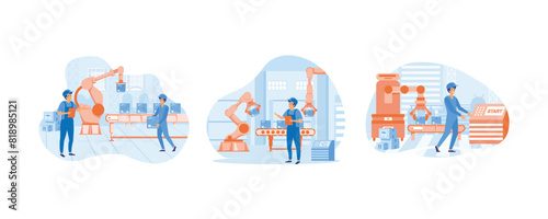 Engineer working with interactive interface. Industry factory works robotic arm. Smart industry, innovative manufacturing. Set flat vector modern illustration