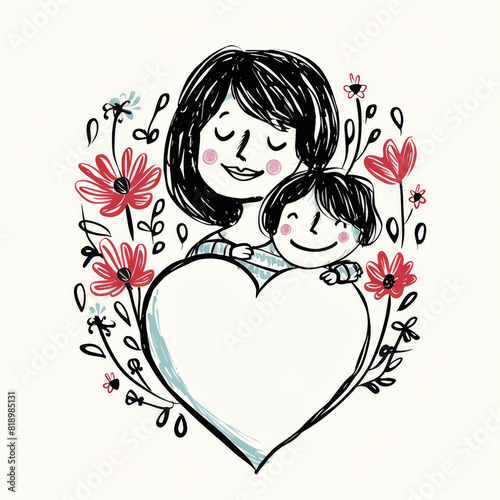 A woman and a child are hugging a heart. The woman is holding the child in her arms mother s Day