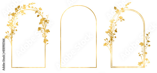 Gold effect hand drawn floral frames and borders. Frames with golden flowers. Botanical leaf illustration for label, logo, branding, wedding invitation, save the date