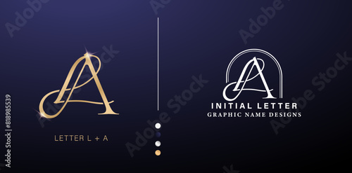 LA elegant monogram letter logo design. luxury gold letters with silver color isolated backgrounds for company and business, branding ads campaigns, letterpress, embroidery, cover invitations envelope