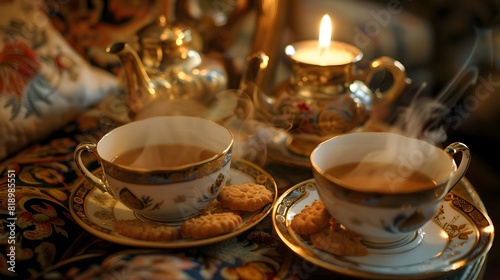 Aromatic cups of steaming chai  accompanied by delicate saffron-infused biscuits  captured in the soft glow of candlelight against a backdrop of ornate brass teapots and vintage silk cushions.