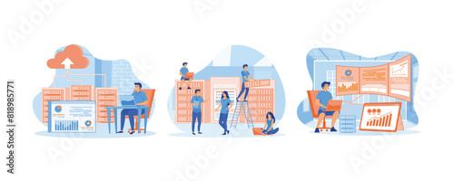 Data center technology concept with outline people scene. Business people in data center room. Man Working In Data Center Room. Set flat vector modern illustration