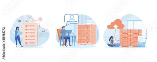 Server maintenance with monitoring tools. Man working at server rack hardware room, updates and optimization computer systems. Server maintenance concept scene. Set flat vector modern illustration