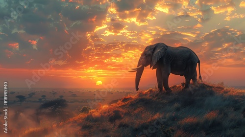 A large elephant standing majestically on a hilltop  surveying the plains below at dawn  with soft morning light illuminating its figure