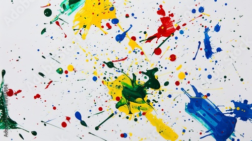 Colorful Dynamic Paint Splatters on White Canvas Background