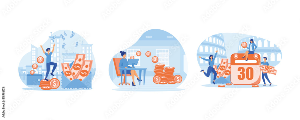 Man stands with a new income, received a salary. Salary Payment concept. Showing a group of people celebrating salary payment day. Set flat vector modern illustration Man stands with a new income, received a salary. Salary Payment concept. Showing a group of people celebrating salary payment day. Set flat vector modern illustration