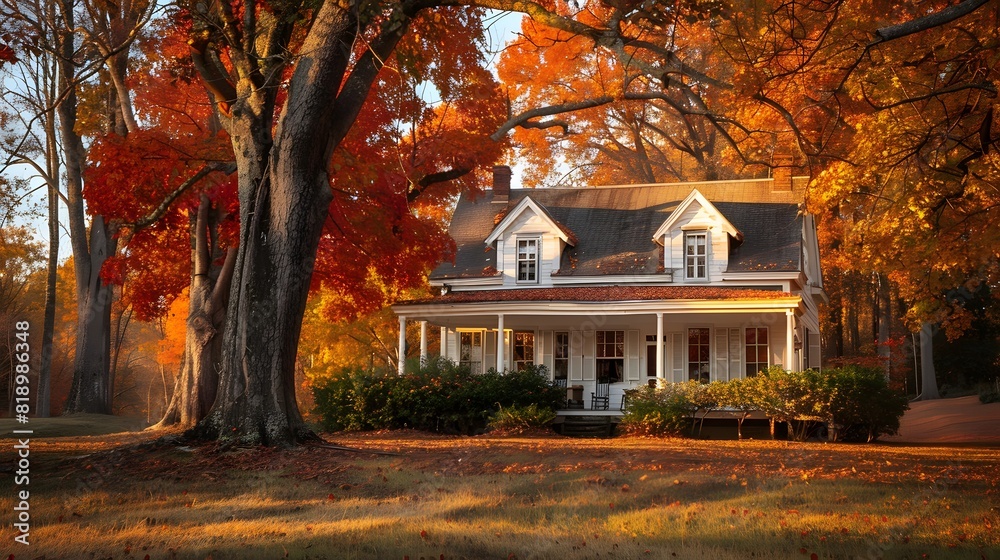 autumnal splendor of a farmhouse nestled among trees ablaze with fiery reds and oranges, the crisp air carrying the scent of fallen leaves.