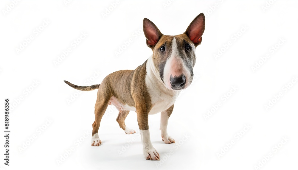 bull terrier dog - Canis lupus familiaris - has an egg shaped head when viewed from the front, top of the skull and face is almost flat. Spuds McKenzie made them famous. isolated on white background bull terrier dog - Canis lupus familiaris - has an egg shaped head when viewed from the front, top of the skull and face is almost flat. Spuds McKenzie made them famous. isolated on white background