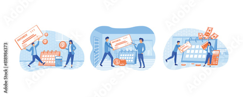 Money prize. Cash lottery winning. Salary payment. Pay Check concept. Calendar with payday, calculator and tiny business people getting a paycheck. Set flat vector modern illustration