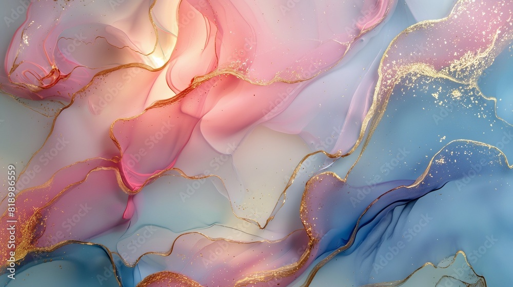 Fototapeta premium Art painting style with soft and dreamy colorful marble abstract waves and sparkling golden lines.