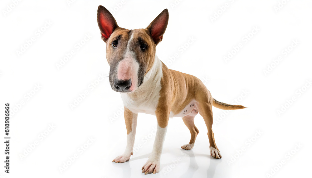 bull terrier dog - Canis lupus familiaris - has an egg shaped head when viewed from the front, top of the skull and face is almost flat. Spuds McKenzie made them famous. isolated on white background