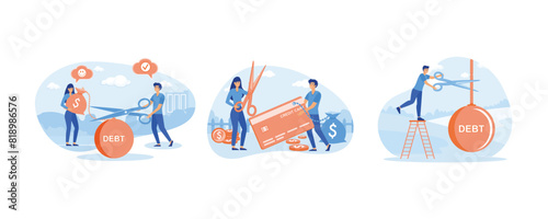 Businessman helped girl get out of debt. Debt burden concept. Cutting debt, businessman's hand holding scissors to cut debt. Set flat vector modern illustration