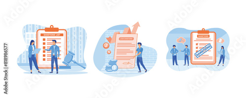 Sanctions concept. Man Holding Loan Sanction Letter In Hands. Political and economy concept of sanctions With icons. Set flat vector modern illustration