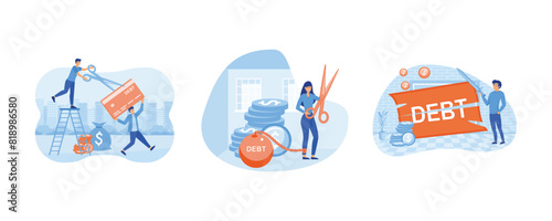 Credit Card Debt. Businessman use pliers to cut the chain and free himself from debt metal ball. Reduce, slice and get rid of debt concept. Set flat vector modern illustration