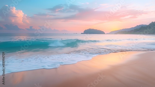 A tranquil shot of the serene Nai Harn Beach at dawn, with soft waves lapping against the shore and a few early risers practicing yoga photo