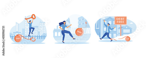 Debt free or freedom for pay off debts. Businesswoman kicking debt bomb ball away like as soccer ball. Debtor happy after paying off debts, bank loans. Set flat vector modern illustration
