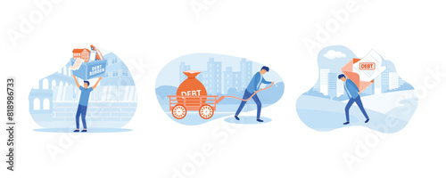 Businessman carrying heavy debt burden. Creative on financial obligation as heavy burden concept. Man in suit, businessman bears a debt on his back. Set flat vector modern illustration