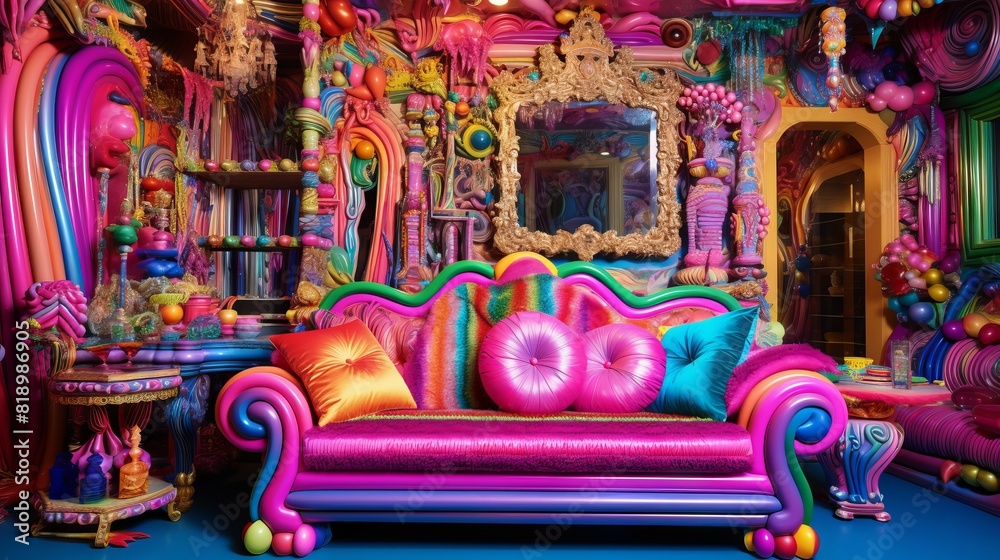 A bright and extravagant living room with colorful furniture in the style of dolls' toy houses. Concept: creative interior with decor. Not a classic room in the house