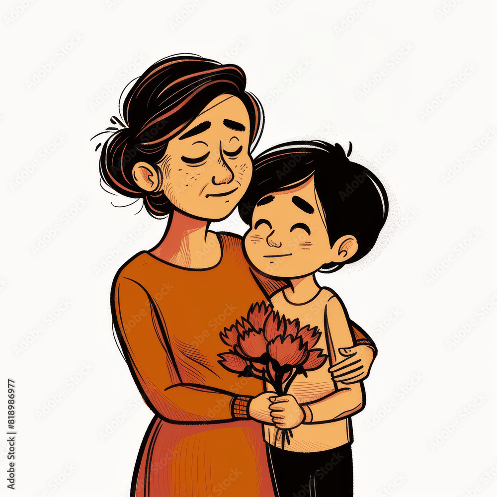 Obraz premium A woman is holding a bouquet of flowers and hugging a child. Concept of warmth and love between the two mother's Day