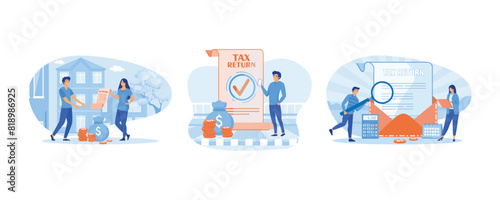 Tax return, submit tax document, tax form no text. Idea of accounting and payment. Stacks of coins on of financial document. Set flat vector modern illustration