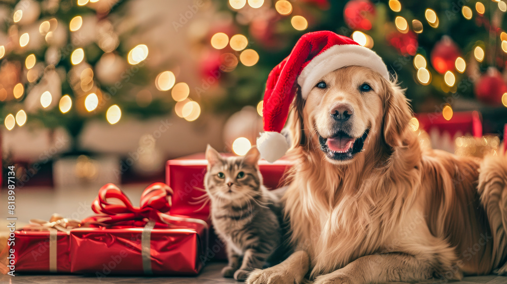 Festive Golden Retriever and Kittens by Christmas Tree Festive Golden Retriever and Kittens by Christmas Tree