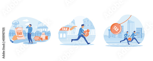 Entrepreneur holding saving piggybank looking at tax bills. A of businessman running away from tax concept. Businessman running away from huge pendulum with tax. Set flat vector modern illustration