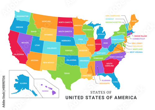 Colorful Geographical Administrative Map of United States of America with Editable Text  Isolated on White Background.