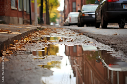 sidewalks with rainwater puddles