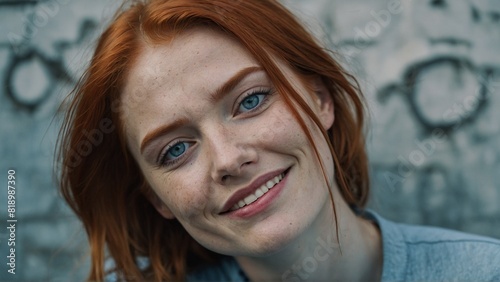 ritratto in primo piano di donna con capelli rossi e occhi azzurri sorridente su sfondo neutro all'aperto photo