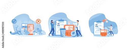 Glucometer for sugar level blood test with diet and unhealthy food. World diabetes day banner. Diabetes control and healthcare concept. Set flat vector modern illustration