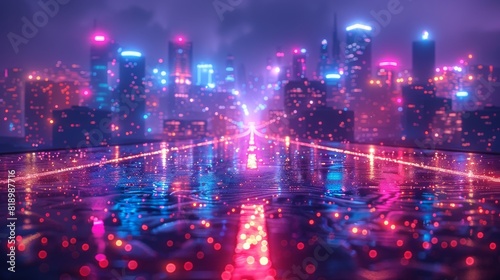 In this neon night time scifi metropolis of the future  there is neon light that fills every corner of the metropolis with tall buildings and long roads.