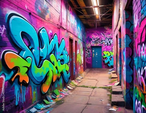 Vibrant graffiti art covers the walls of an urban alleyway, with scattered papers adding to the scene's edgy vibe.. AI Generation