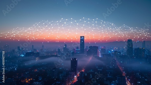 Using digital graphics over the skyline  the smart city features connecting networks and the internet of things