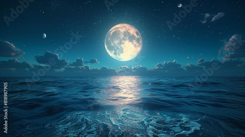 It creates an atmosphere of mesmerizing atmosphere with clouds and a clear sky  when the full moon shines over the liquid surface of the ocean at night