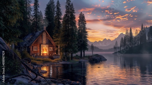 A serene lakeside cabin nestled among towering pine trees, with a cozy fire burning in the hearth and the tranquil waters of the lake reflecting the fiery hues of a spectacular sunset sky.  photo