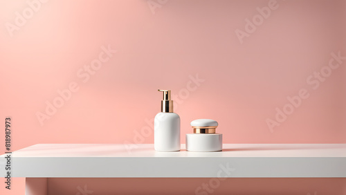 a white table with a bottle of lotion and a container