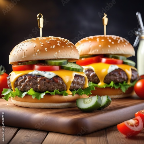 Two hamburgers, with beef patty, cheddar, lettuce and vegetables on a wooden background.