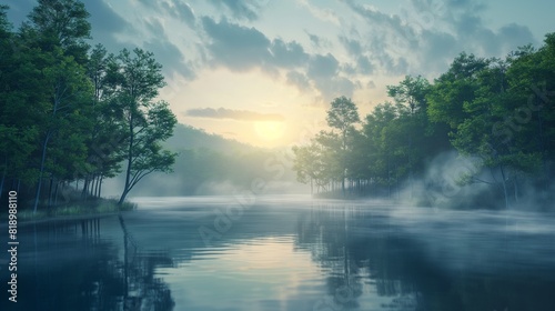 A serene lakeside scene at dawn, where mist gently rises above the water, enveloping the surrounding trees in a soft, ethereal glow. 32k, full ultra hd, high resolution