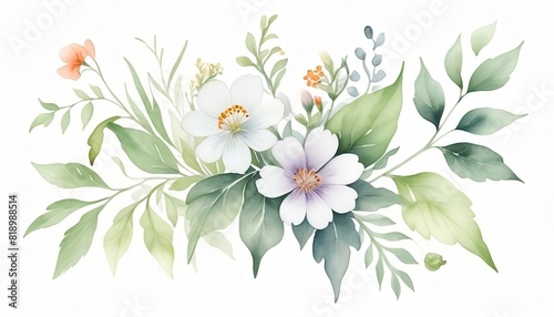 Delicate watercolor painting of a flowers and foliage on a white background created with generative ai