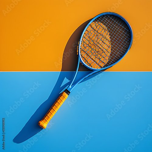 Tennis yellow ball, racket on the blue court. sports banner. healthy lifestyle concept isolated on white background, minimalism, png
 photo
