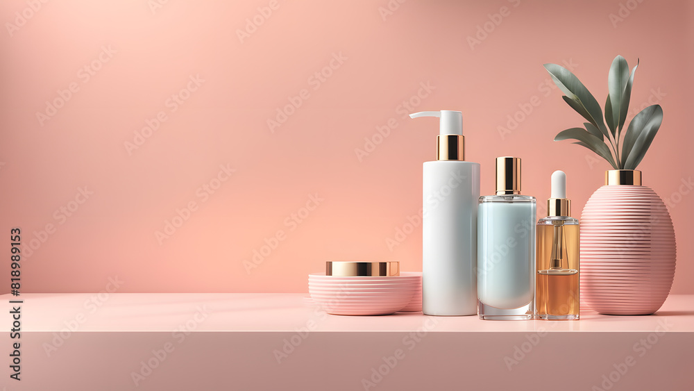 a table with a vase, a bottle of lotion and a container of lotion a table with a vase, a bottle of lotion and a container of lotion