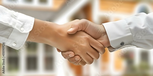 Sealing the deal on a real estate transaction with a handshake. Concept Real Estate Closing, Handshake Agreement, Property Acquisition, Deal Finalization photo