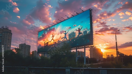 Photo of a billboard on a city rooftop, promoting a fitness center with dynamic images of athletes in action against a skyline backdrop