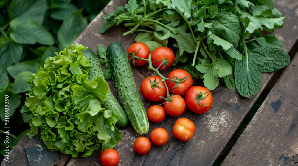 Freshly harvested tomatoes, cucumbers, and greens on a wooden table in a garden Freshly harvested tomatoes, cucumbers, and greens on a wooden table in a garden