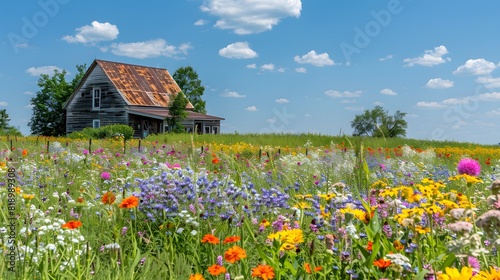 charm of a farmhouse surrounded by fields of wildflowers, their colors creating a vibrant tapestry against the backdrop of a clear, blue sky.