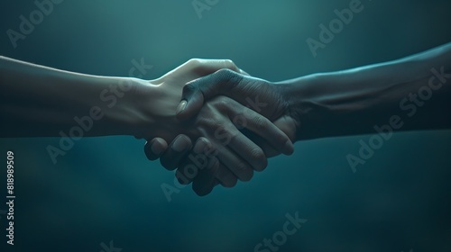 concept of teamwork and unity with a cinematic photograph of two hands clasping in a handshake, conveying solidarity and cooperation