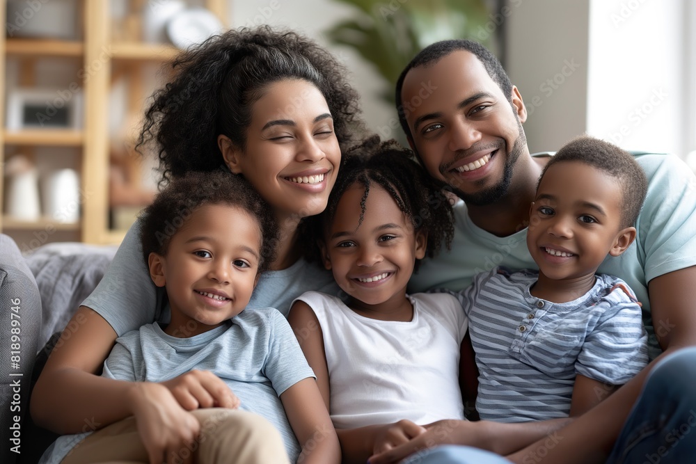 Multigenerational family smiling warmly as they sit together on a cozy couch. Multigenerational family smiling warmly as they sit together on a cozy couch.