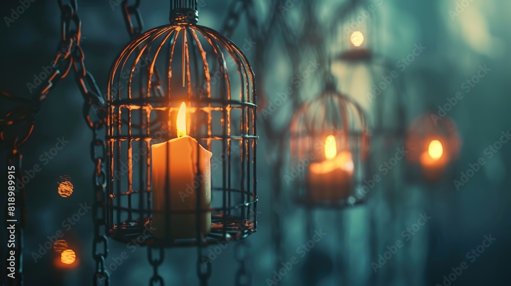 Freedom cages, candles in birdcages symbolizing freedom, broken chains concept 